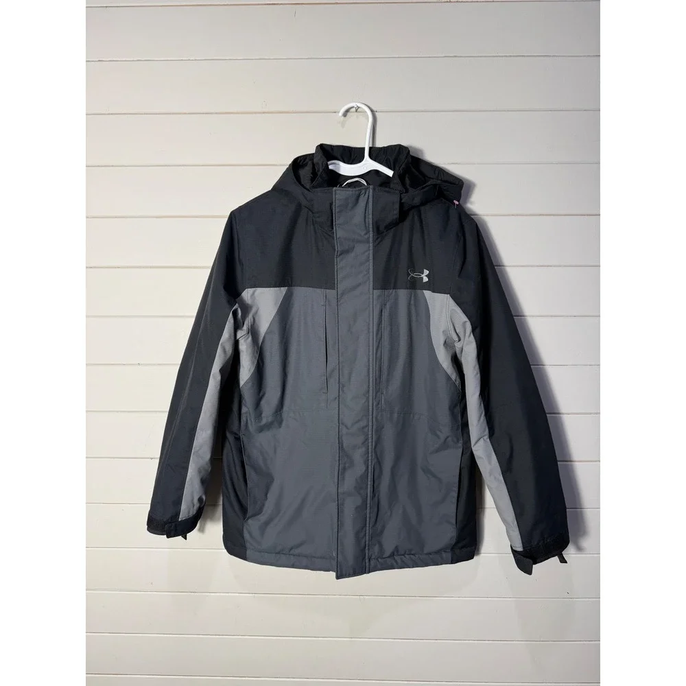 Under Armour ColdGear Youth Medium YMD Boys Hooded Winter Jacket Black Grey Coat